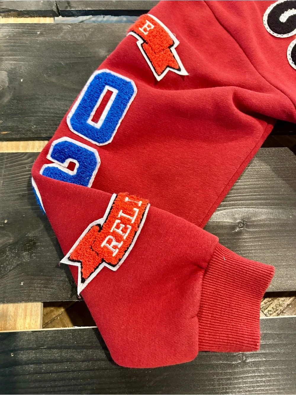 True Religion Crystal Patch Varsity Hoodie - Red Dahlia Cropped Zip Up XS